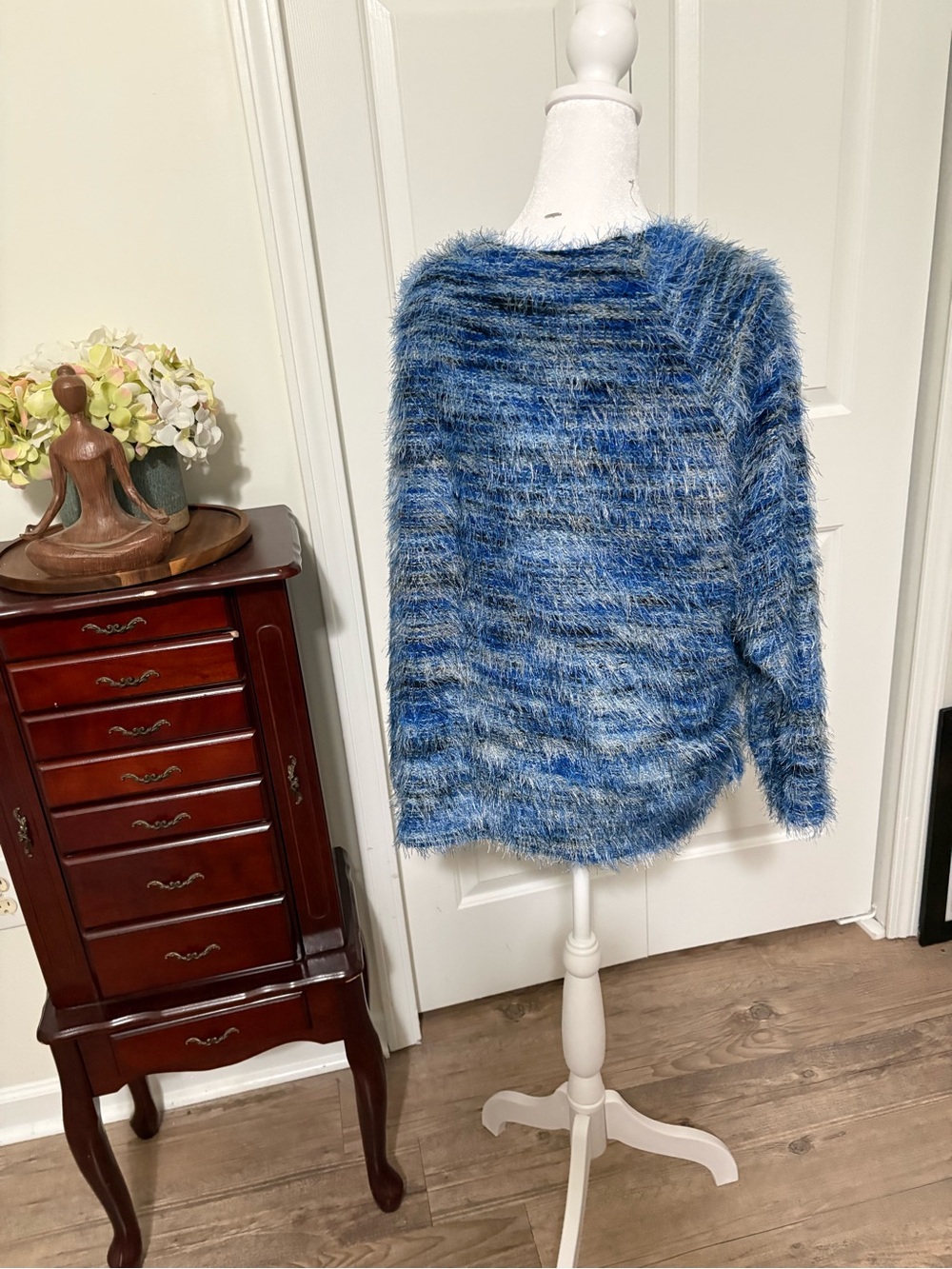 Jennifer Lopez Blue Fuzzy Faux Wrap Sweater - Picture 3 of 6